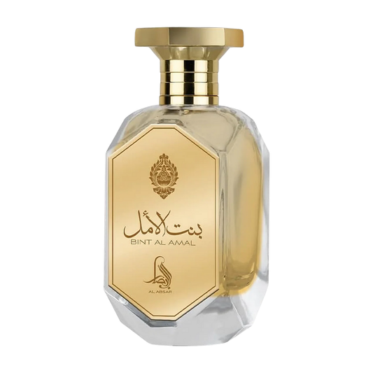 Gold and clear perfume bottle with 'Bint Al Amal' branding on a white background