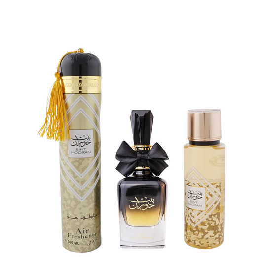 Three Bint Hooran perfume bottles on a white background. Bint Hooran Giftset by Ard Al Zaafaran Womens Perfume
