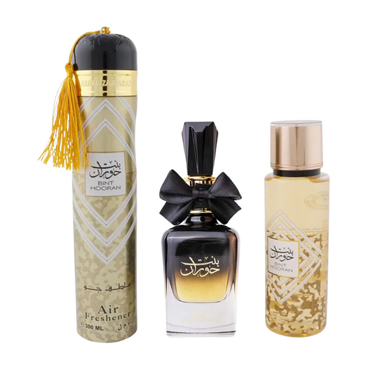 Three Bint Hooran perfume bottles on a white background. Bint Hooran Giftset by Ard Al Zaafaran Womens Perfume