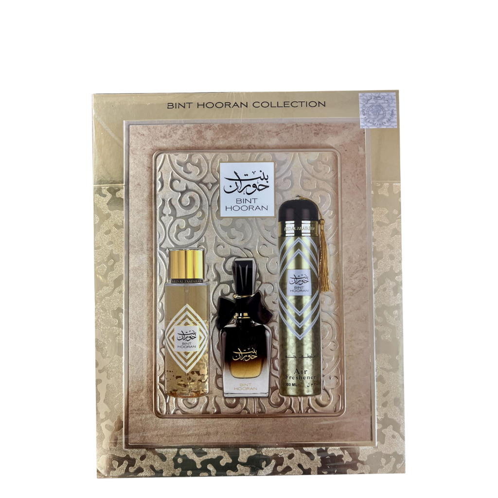 Bint Hooran Collection perfume set in a decorative box on a white background. Bint Hooran Giftset by Ard Al Zaafaran Womens Perfume