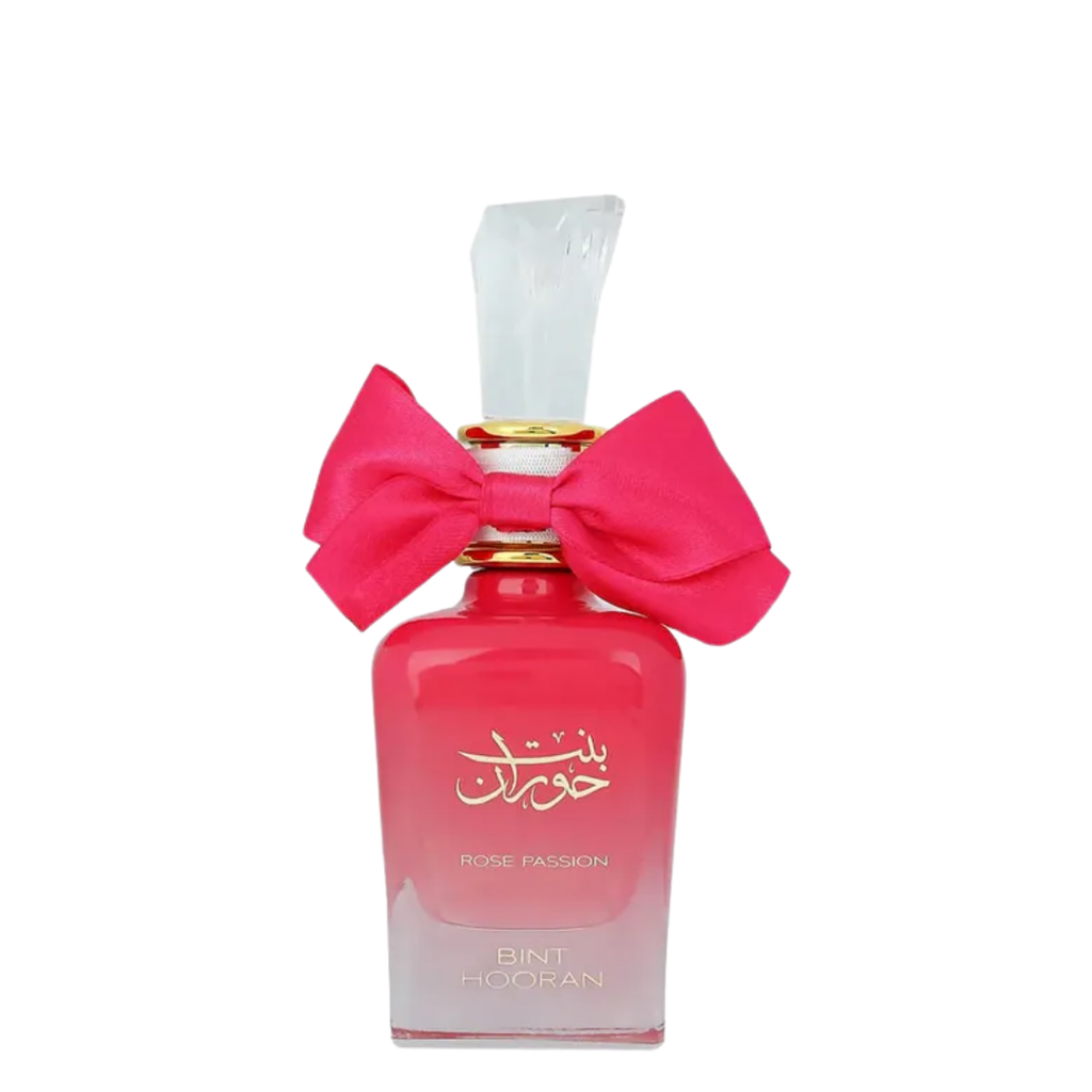 A pink bottle of Bint Hooran Rose Passion perfume by Ard Al Zaafaran, with a clear cap and a bright pink ribbon bow on the bottle. Bint Hooran Rose Passion Womens Perfume by Ard Al Zaafaran