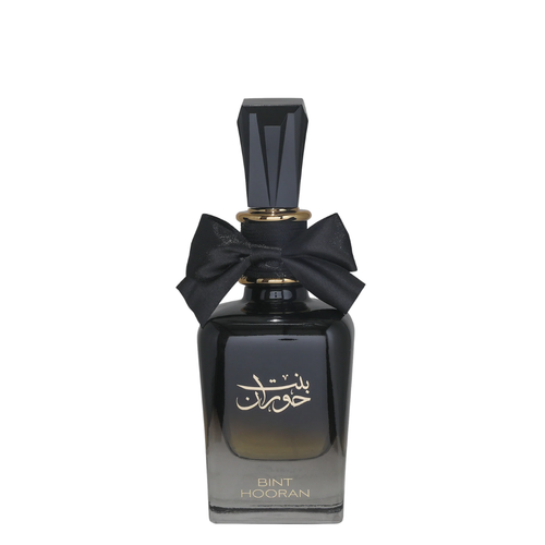 A curved, black perfume bottle with a label in Arabic script, topped with a black bow. Bint Hooran Womens Perfume by Ard Al Zaafaran