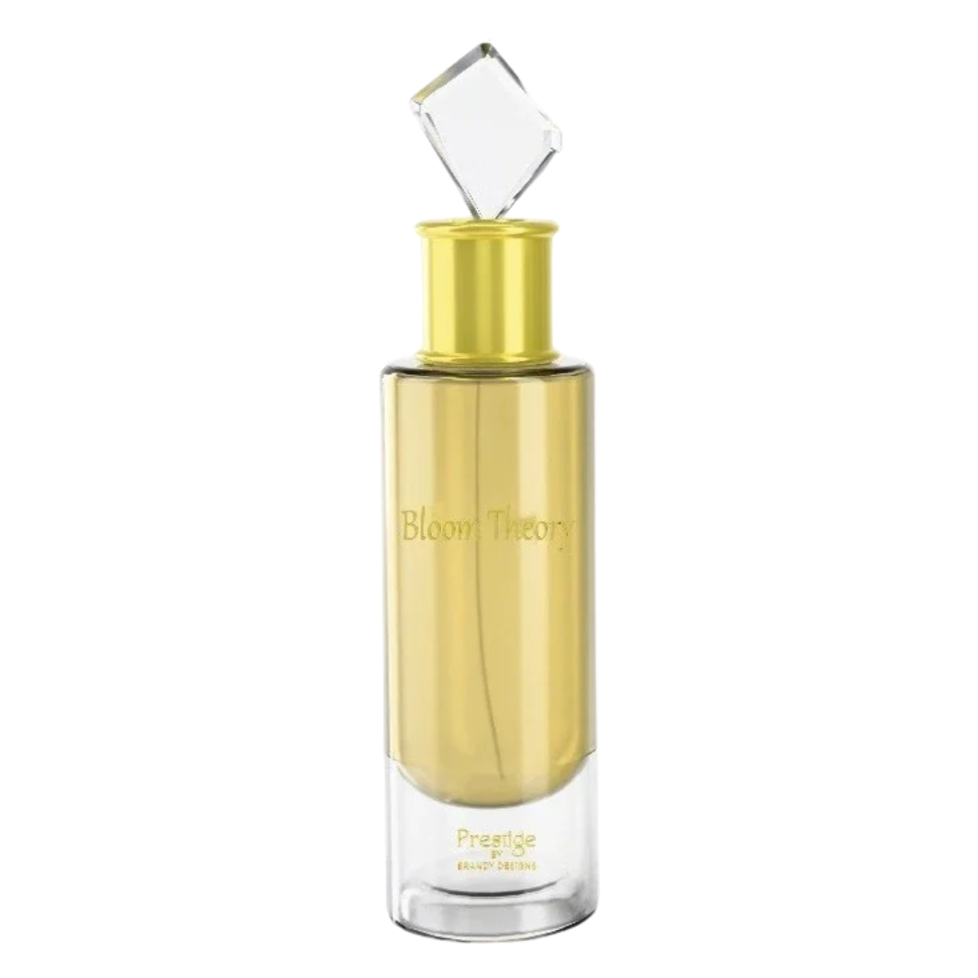 Gold perfume bottle with clear cap on a white background. Bloom Theory by Brandy Designs Unisex Perfume.