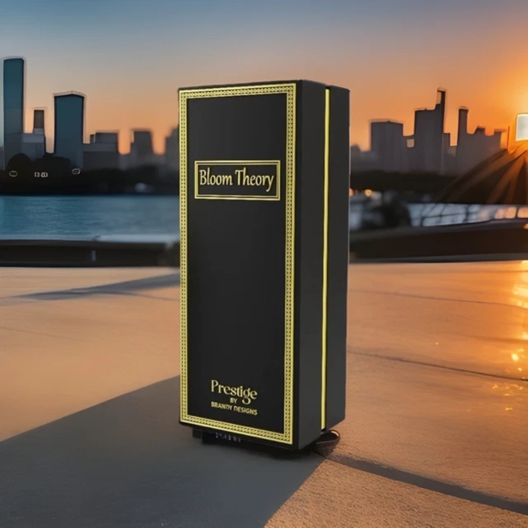 Black box with 'Bloom Theory' branding against a cityscape at sunset. Bloom Theory by Brandy Designs Unisex Perfume