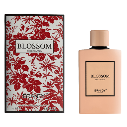 Blossom Eau de Parfum packaging with floral design and beige bottle on a white background. Blossom by Brandy Designs Womens Perfume