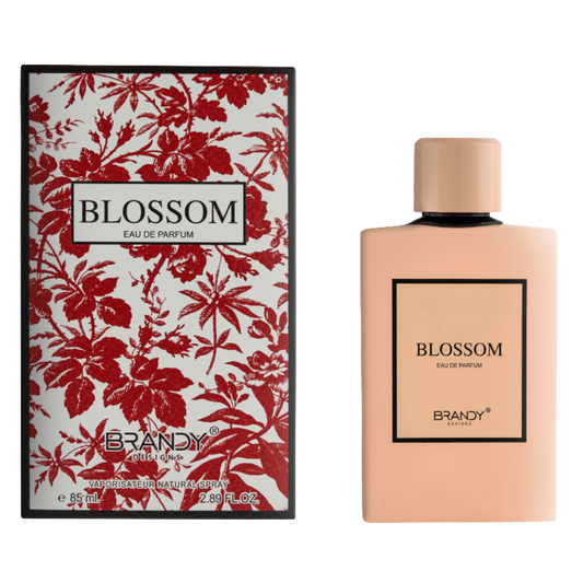Blossom Eau de Parfum packaging with floral design and beige bottle on a white background. Blossom by Brandy Designs Womens Perfume