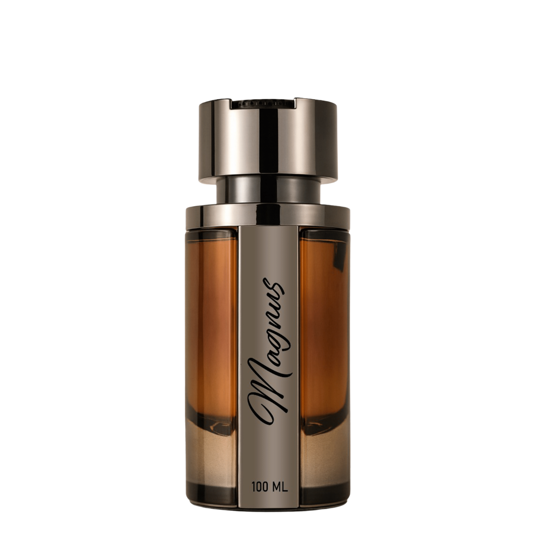 Perfume bottle labeled 'Magnus' with a metallic cap on a white background. Brandy Designs Prestige: Magnus