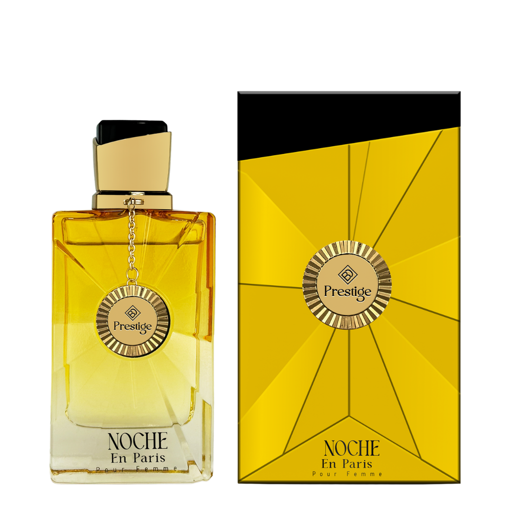 Perfume bottle and packaging of 'Noche En Paris' by Prestige on a white background