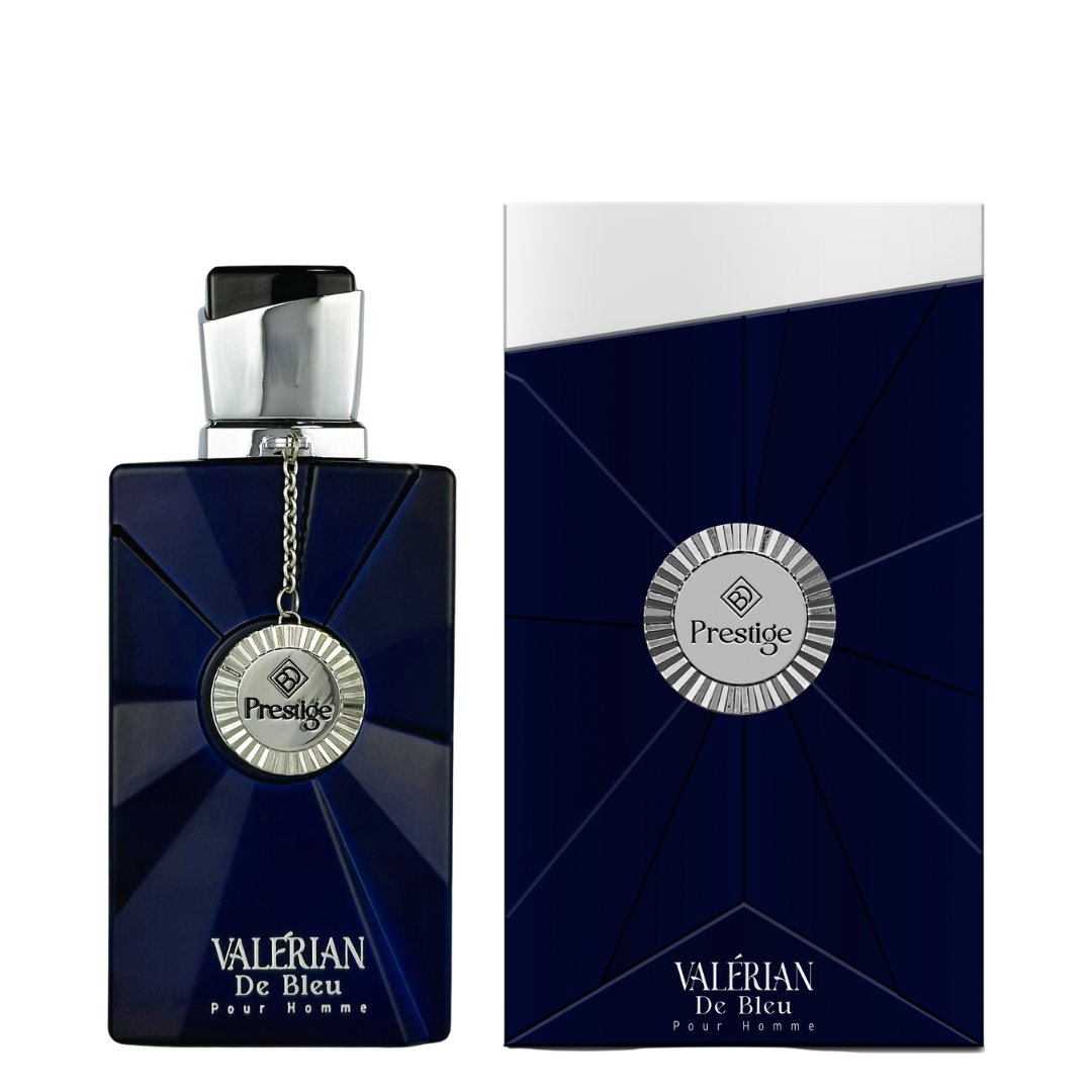 Valerian De Bleu perfume bottle and packaging on a white background