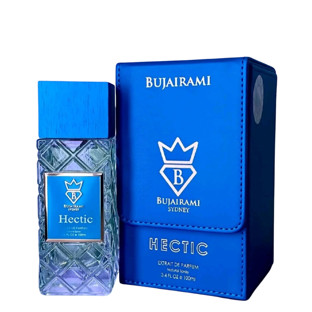 Bujairami Hectic extrait de parfum bottle and its blue box, shown on a plain white background.
