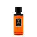 A bottle of Legacy Extrait de Parfum by Bujairami, featuring a vibrant orange liquid inside a clear glass bottle with a black cap and a black label with gold accents.
