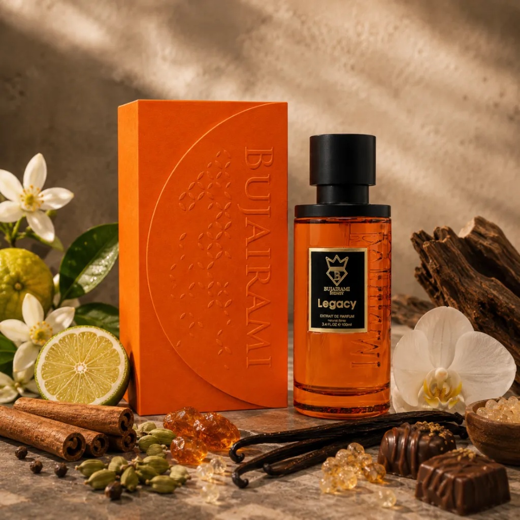 A bottle of Legacy perfume by Bujairami stands next to its orange packaging box on a styled surface with warm lighting. The bottle contains amber-colored liquid and has a black cap and label.