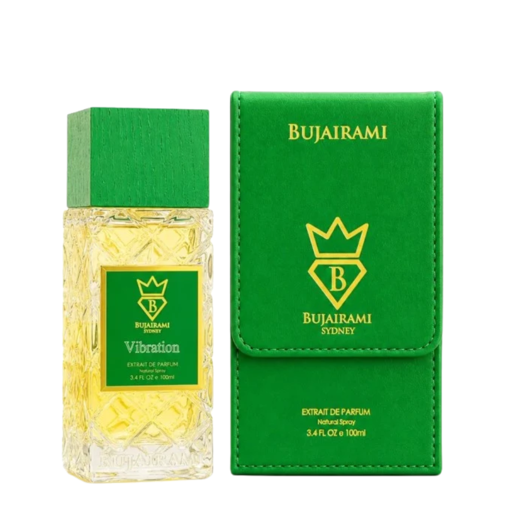 Bujairami Vibration extrait de parfum 100ml bottle with a green cap next to its green textured presentation box on a white background.