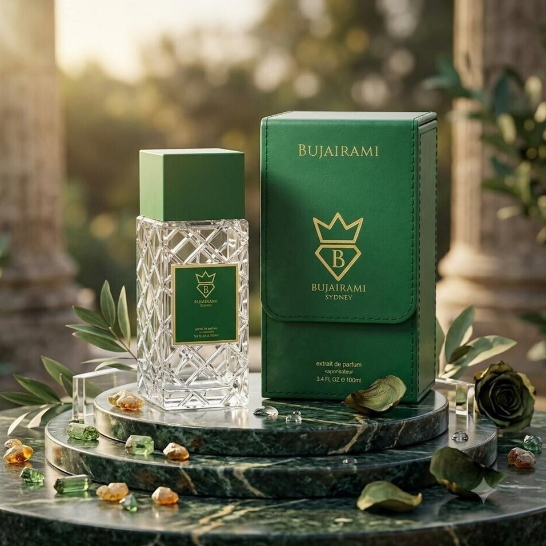 Bujairami Vibration perfume bottle and its green presentation box displayed on a round marble pedestal with decorative leaves and crystals in an outdoor garden setting.