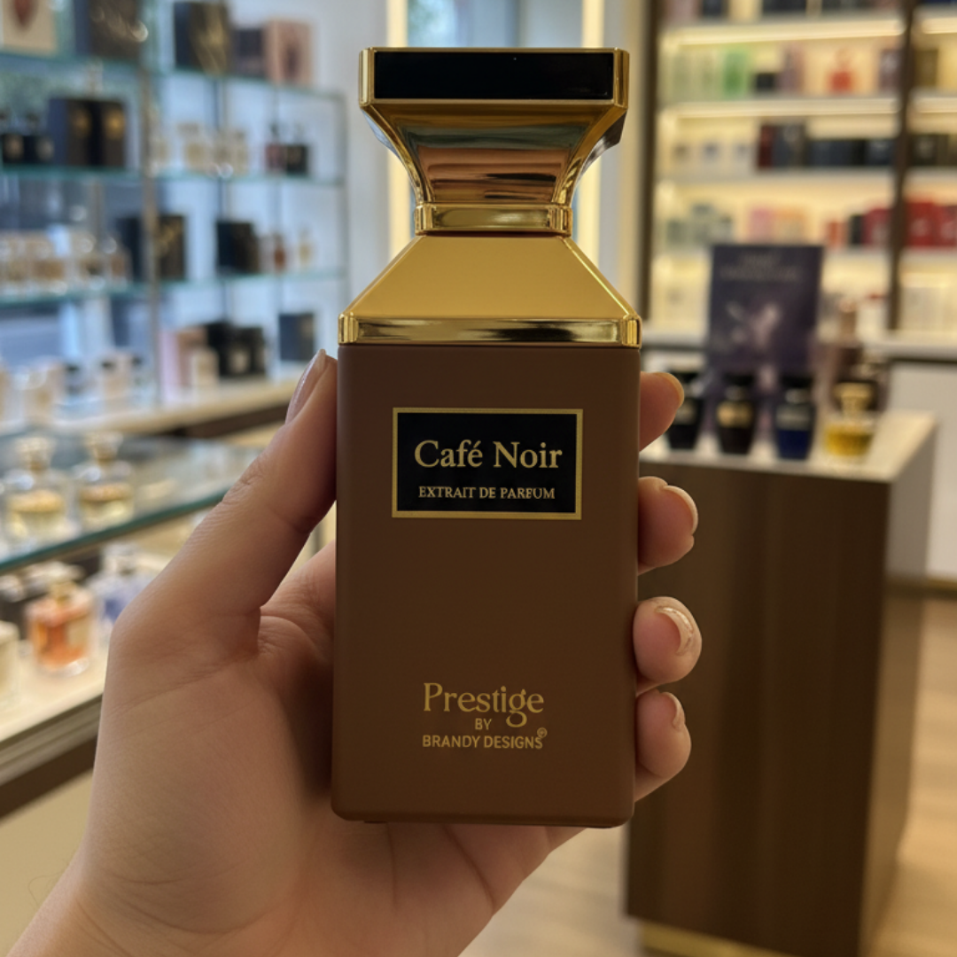 Hand holding a brown and gold 'Café Noir' perfume bottle with a blurred store background.