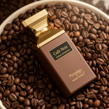 Perfume bottle labeled 'Café Noir' on a bed of coffee beans