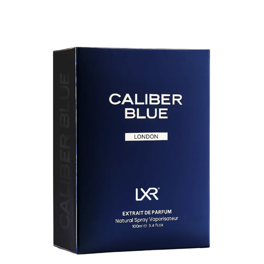 Blue and black box of Caliber Blue LXR Extrait de Parfum on a white background
