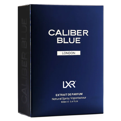 Blue and black box of Caliber Blue LXR Extrait de Parfum on a white background
