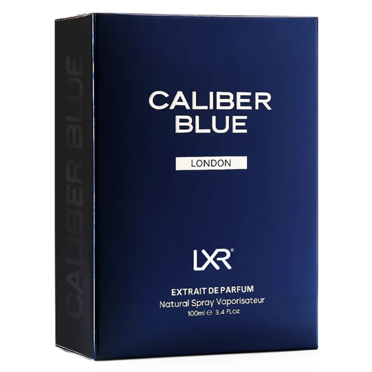 Blue and black box of Caliber Blue LXR Extrait de Parfum on a white background