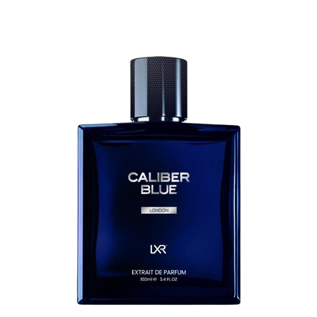 Blue perfume bottle labeled 'Caliber Blue' on a white background. Caliber Blue by LXR Mens Perfume