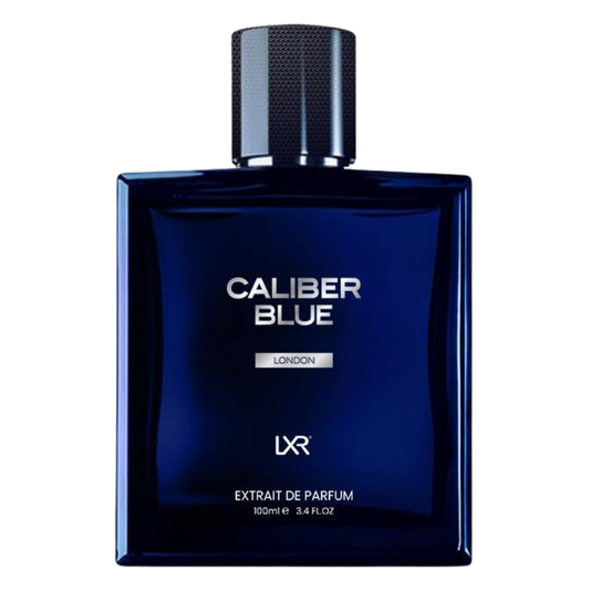 Blue perfume bottle labeled 'Caliber Blue' on a white background. Caliber Blue by LXR Mens Perfume