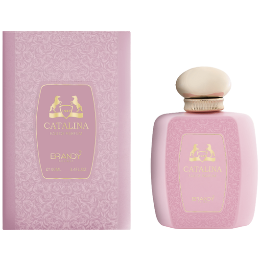 Pink Catalina Brandy bottle and packaging on a white background