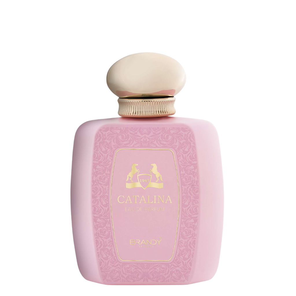 Pink bottle of Catalina Brandy with a gold cap on a white background