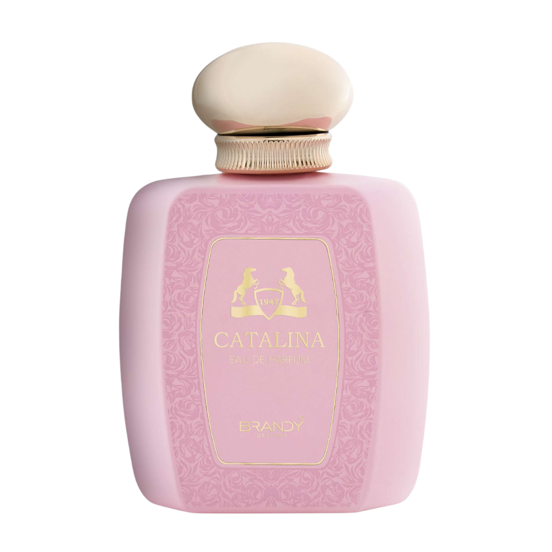 Pink bottle of Catalina Brandy with a gold cap on a white background
