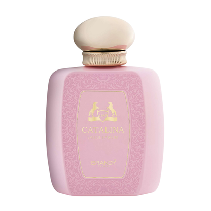 Pink bottle of Catalina Brandy with a gold cap on a white background