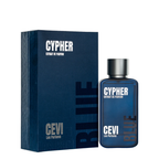 Cyper Blue Extract de Parfum by CEVI Les Parfums, featuring a dark blue rectangular box and a matching blue glass spray bottle with a silver cap on a white background.