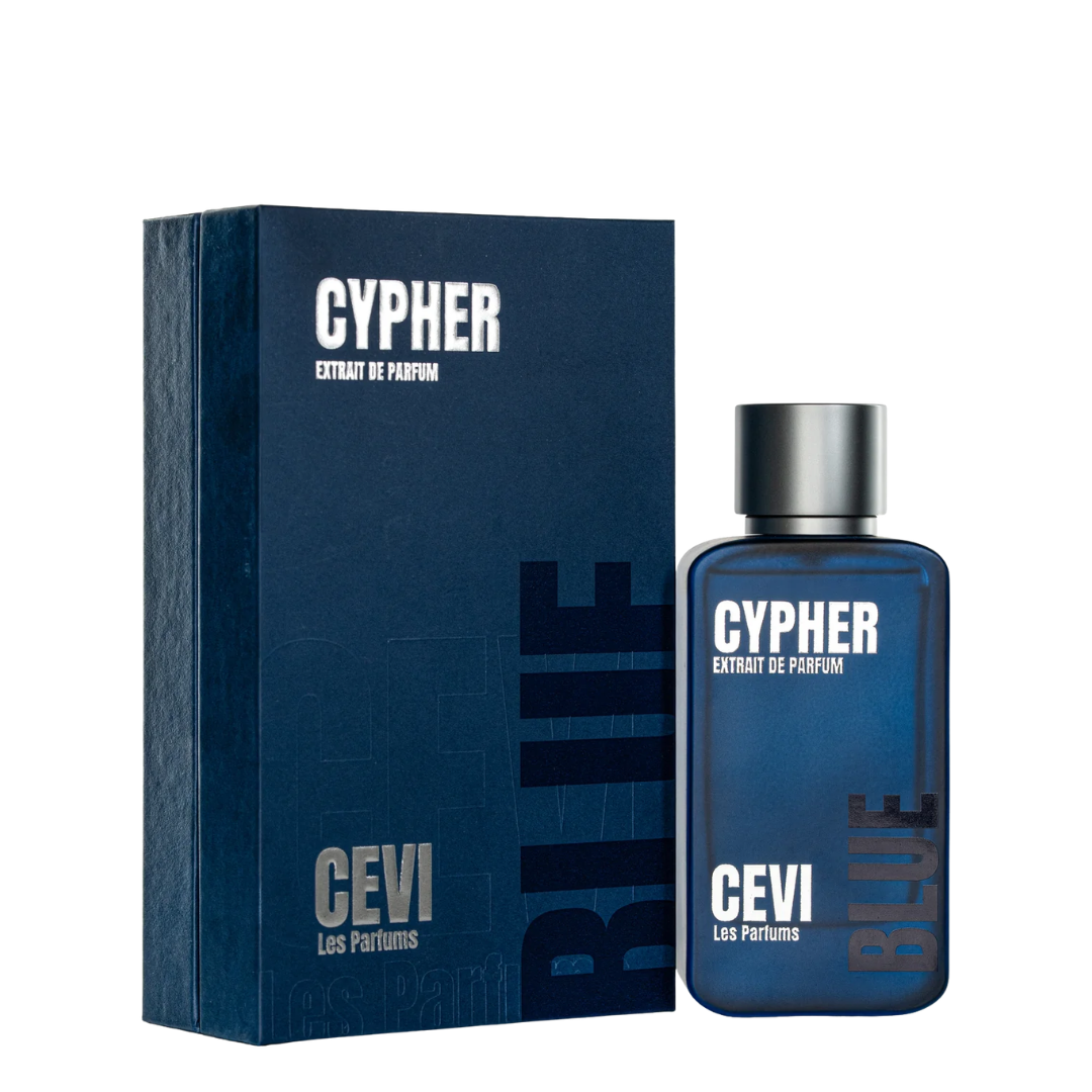 Cyper Blue Extract de Parfum by CEVI Les Parfums, featuring a dark blue rectangular box and a matching blue glass spray bottle with a silver cap on a white background.