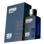 CEVI Cypher Blue Extrait de Parfum bottle next to its dark blue packaging box, featuring white text and a metallic silver cap.
