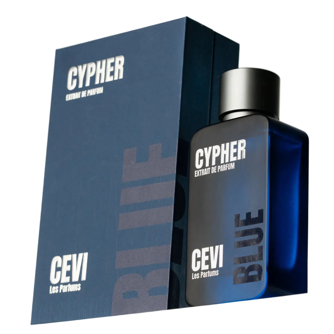 CEVI Cypher Blue Extrait de Parfum bottle next to its dark blue packaging box, featuring white text and a metallic silver cap.
