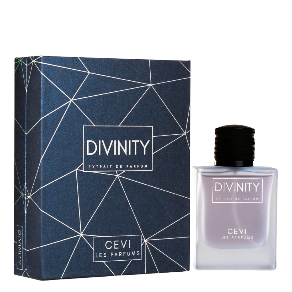 CEVI Les Parfums Divinity Extrait de Parfum, featuring a dark blue geometric-patterned box next to a clear glass bottle with a black cap containing a pale lavender liquid.