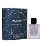 CEVI Les Parfums Divinity Extrait de Parfum, featuring a dark blue geometric-patterned box next to a clear glass bottle with a black cap containing a pale lavender liquid.