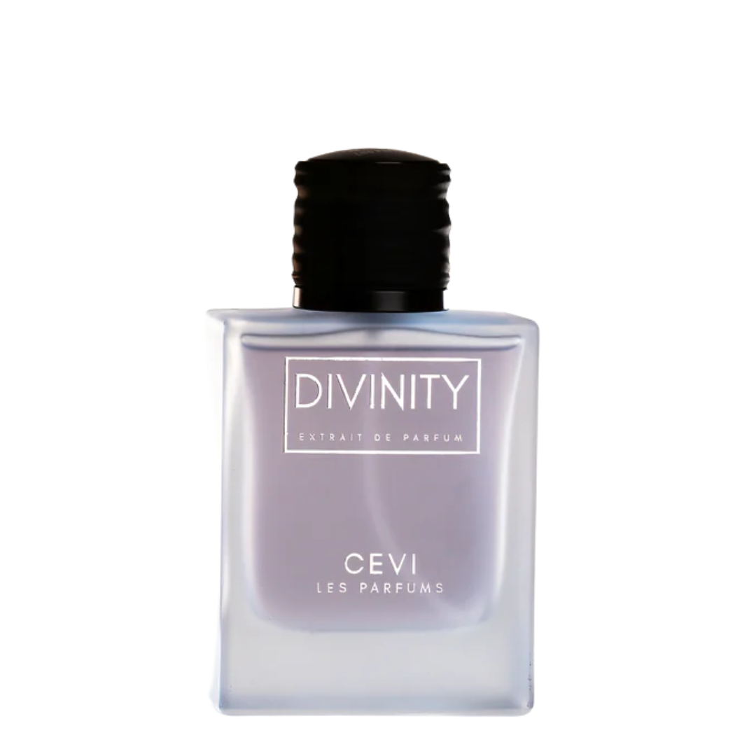 A bottle of Divinity by Cevi Les Parfums fragrance, featuring a square frosted glass bottle with a light lavender-purple liquid inside and a black cap, set against a plain white background.