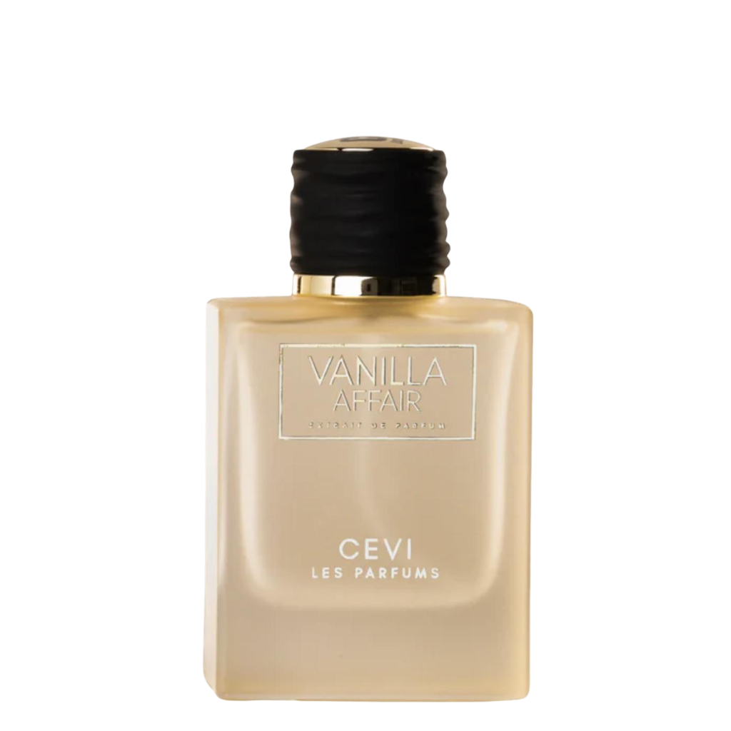 A bottle of Cevi Les Parfums Vanilla Affair fragrance, featuring a frosted beige glass bottle with a black ribbed cap and gold accents, set against a plain white background.