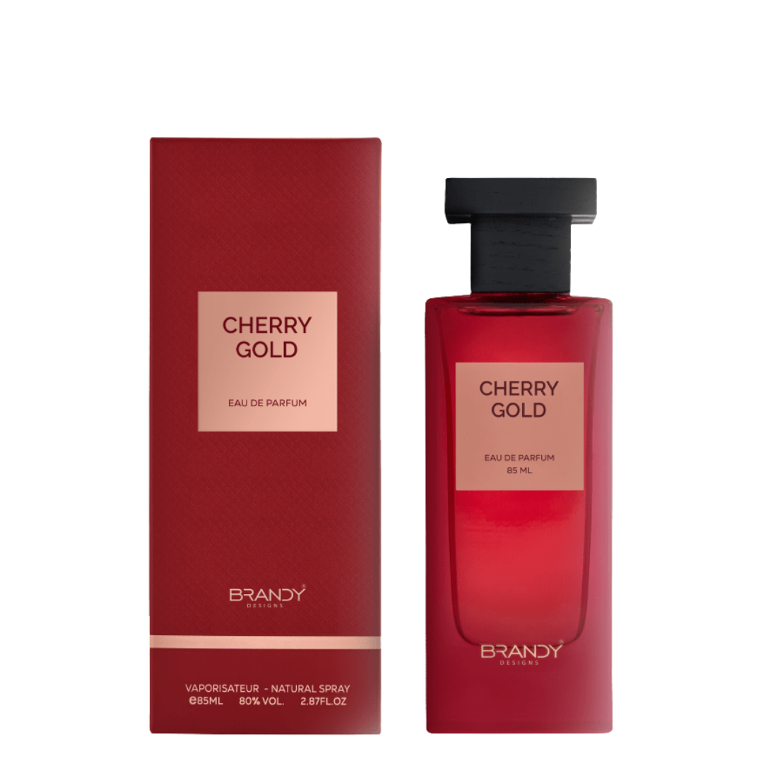 Cherry Gold Eau de Parfum 85ml by Brandy Designs – luxury red perfume bottle and box set with elegant branding. 