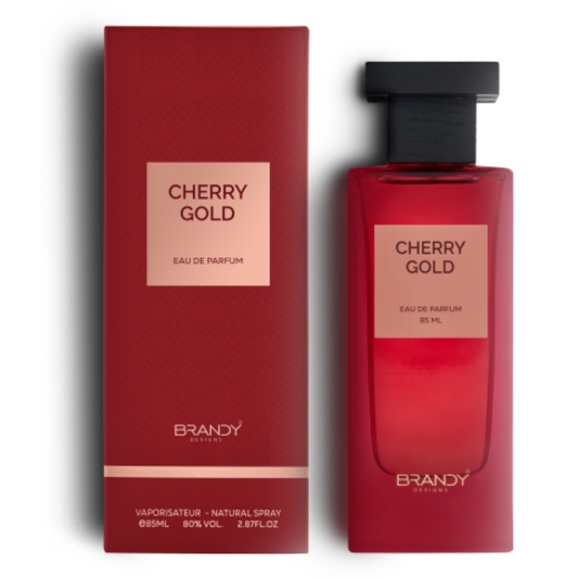 Cherry Gold Eau de Parfum 85ml by Brandy Designs – luxury red perfume bottle and box set with elegant branding. Clone / dupe of / inspired by Tom Ford - Lost Cherry.