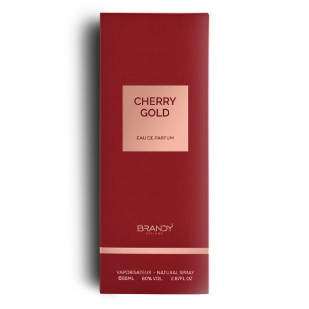 Cherry Gold by Brandy Designs – 85ml Eau de Parfum packaging in deep red box with blush gold accent label. 