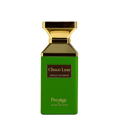 Green perfume bottle with gold cap labeled 'Choco Luxe' on a white background