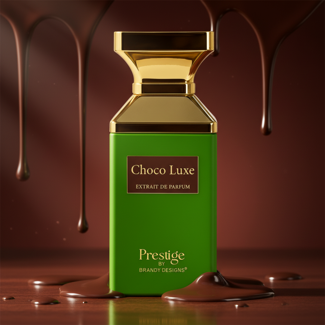 Green perfume bottle with gold cap labeled 'Choco Luxe' on a chocolate background