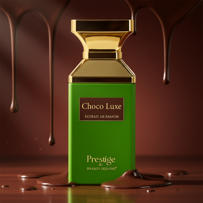 Green perfume bottle with gold cap labeled 'Choco Luxe' on a chocolate background