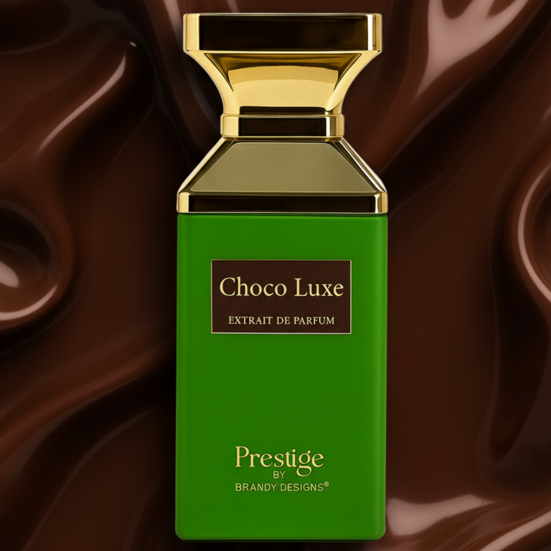 Green perfume bottle with gold cap labeled 'Choco Luxe' on a chocolate background