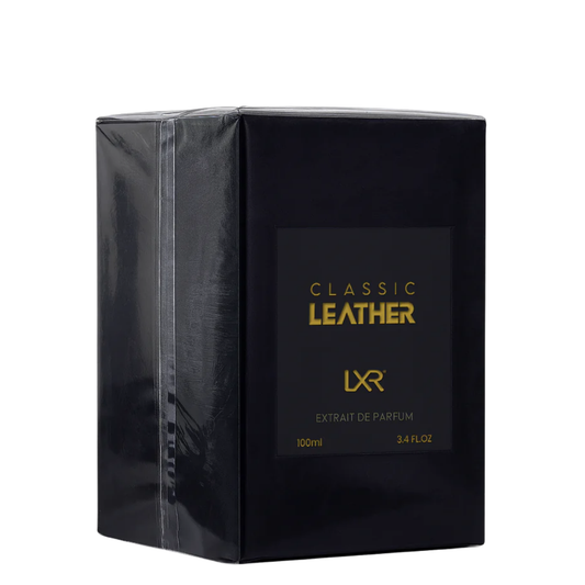 Black packaging of LXR Classic Leather perfume with gold text on a white background