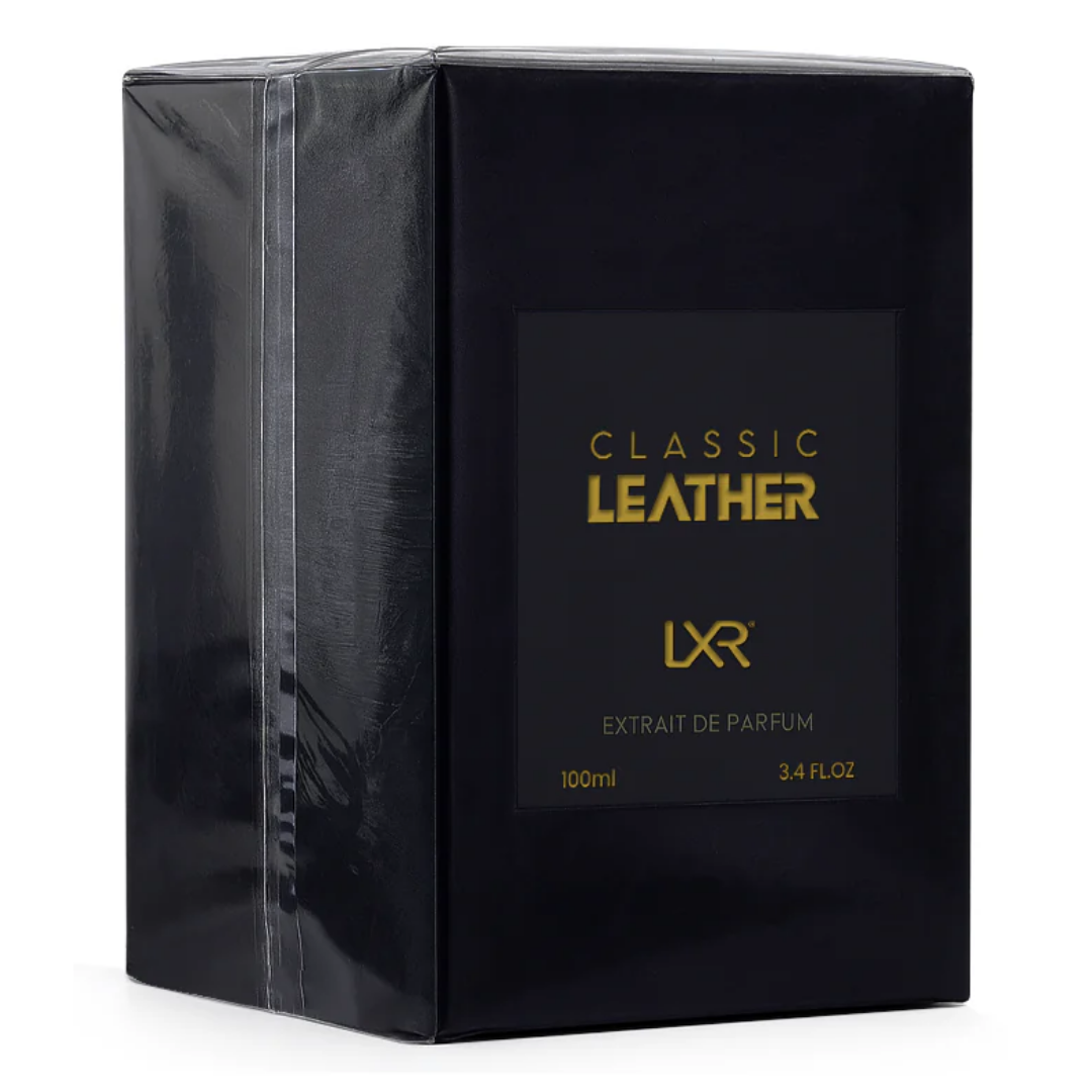 Black packaging of LXR Classic Leather perfume with gold text on a white background