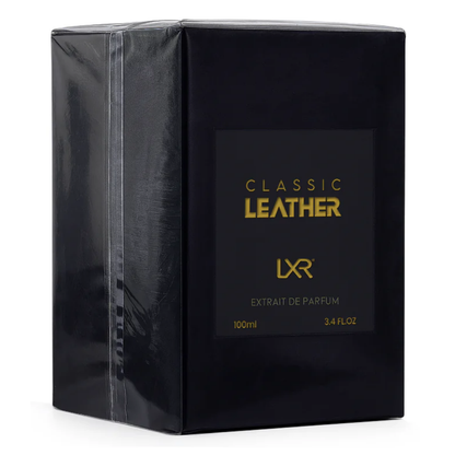 Black packaging of LXR Classic Leather perfume with gold text on a white background