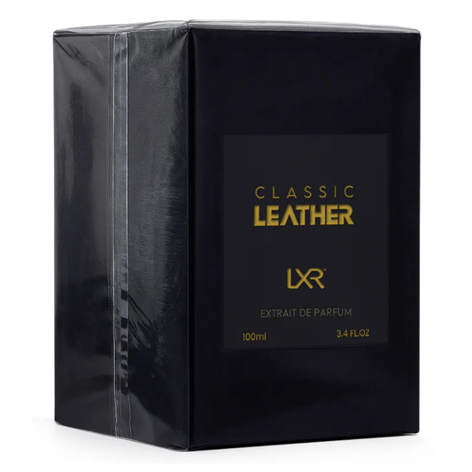 Black packaging of LXR Classic Leather perfume with gold text on a white background