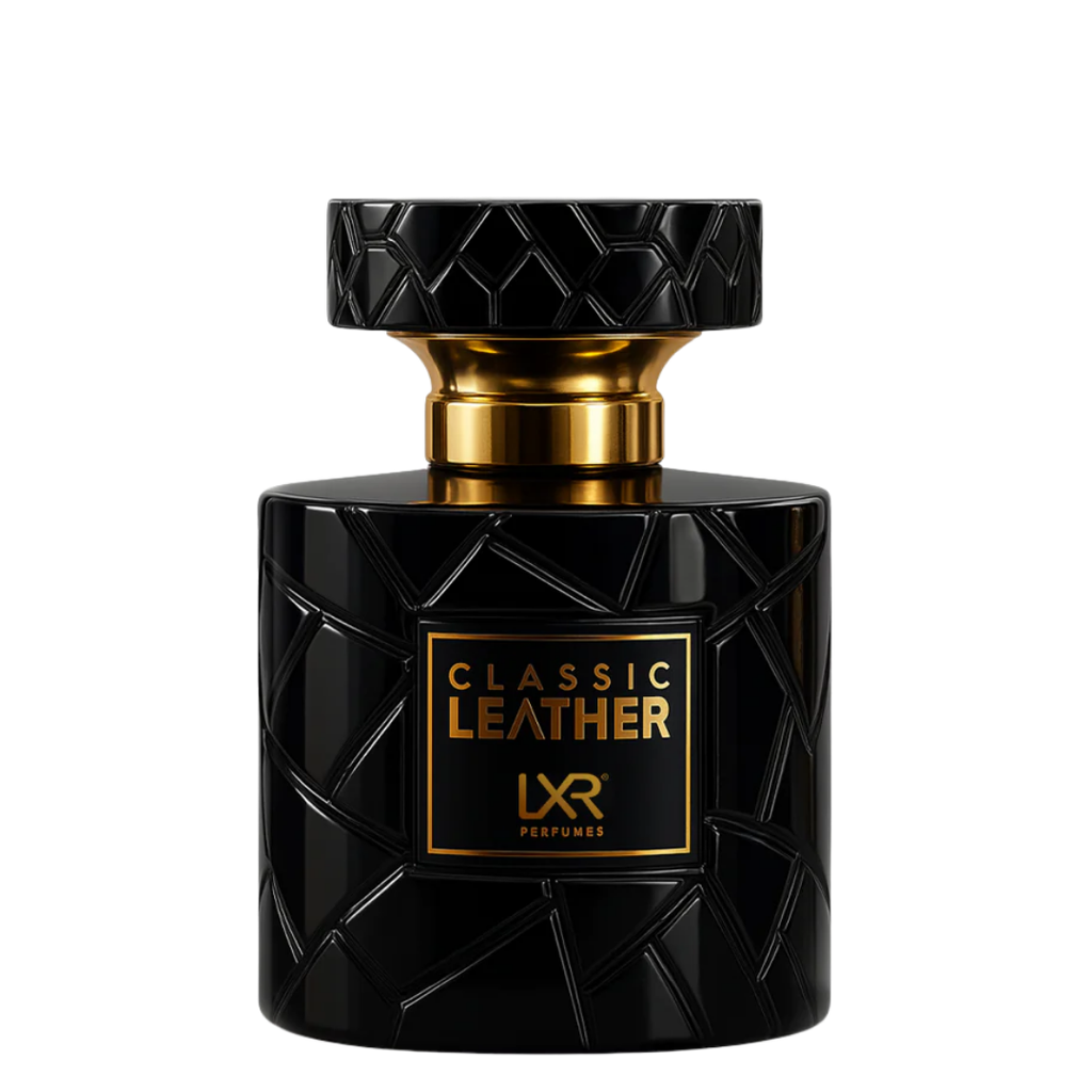 Black and gold perfume bottle labeled 'Classic Leather' by LXR Perfumes on a white background
