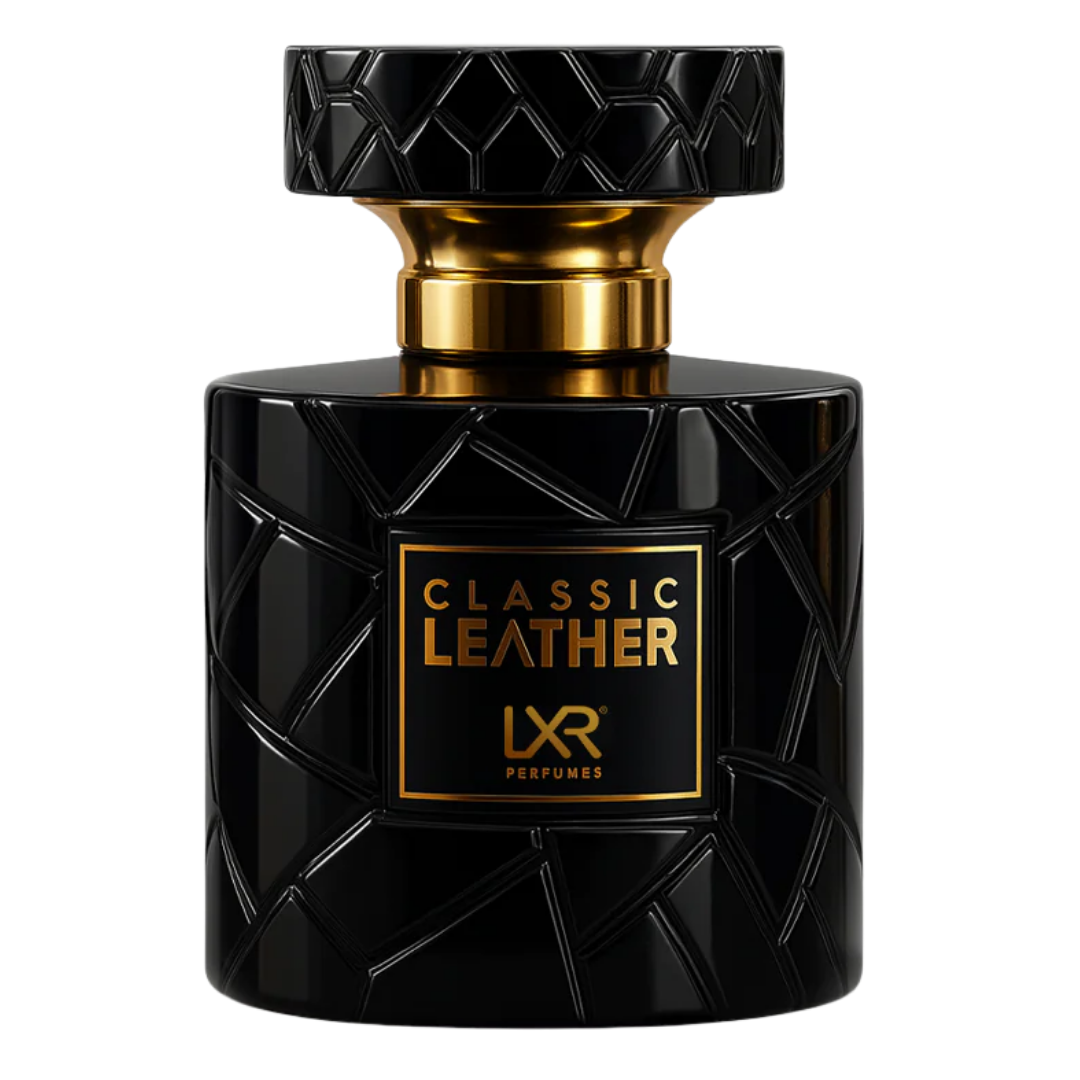 Black and gold perfume bottle labeled 'Classic Leather' by LXR Perfumes on a white background